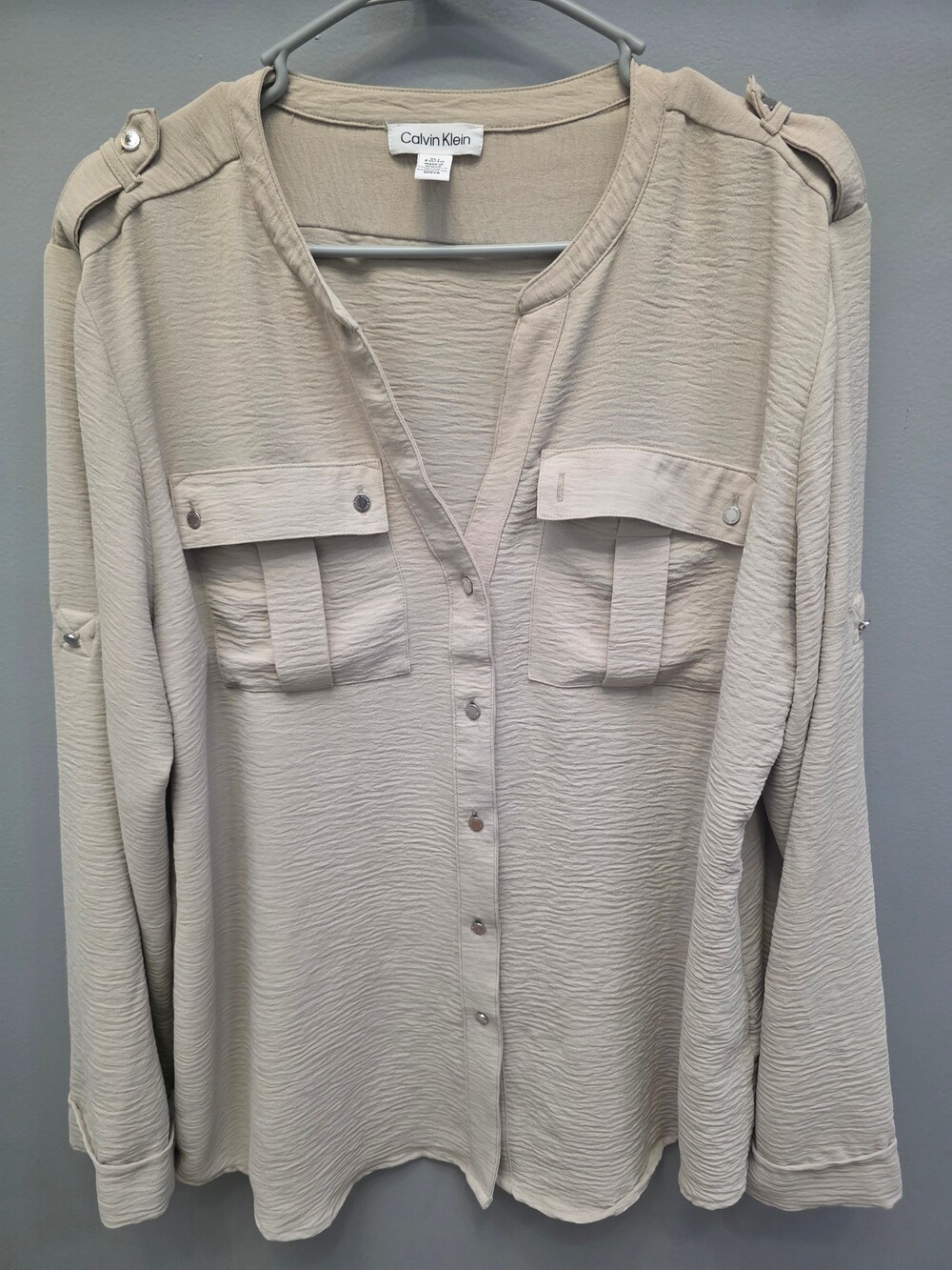 Calvin Klein Women’s Taupe Utility Blouse Roll-Tab Long Sleeve